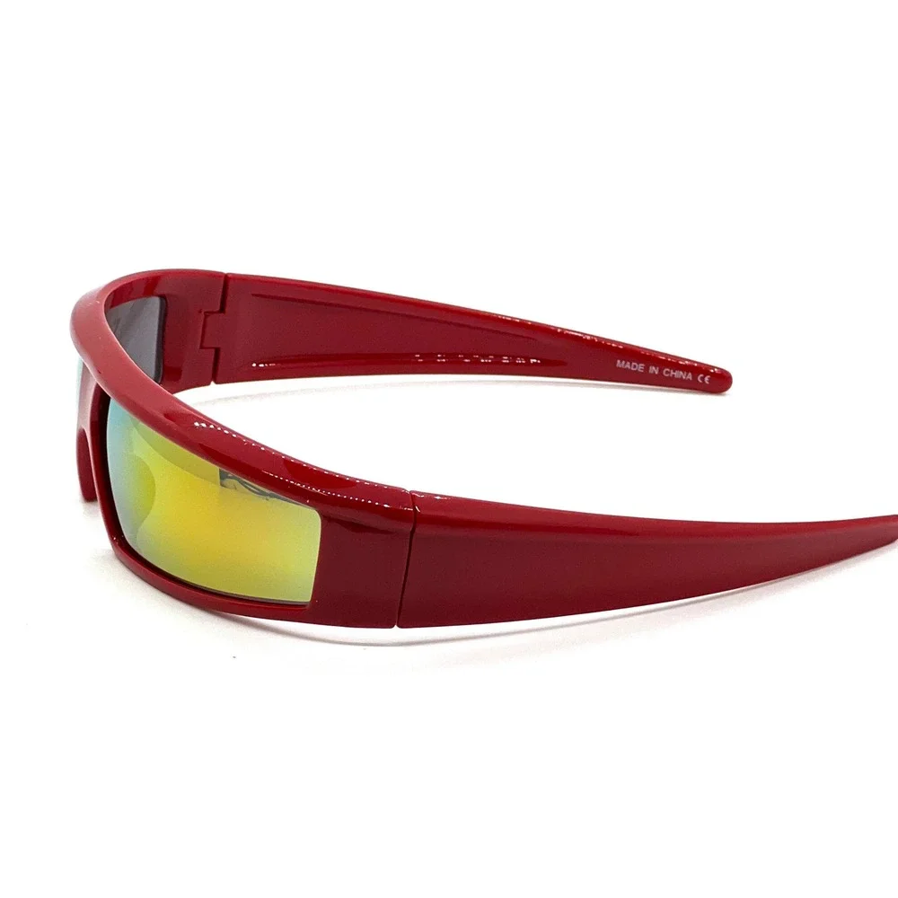 Red Shield Wrap Sunglasses Mens Futuristic Mirrored Orange Lens Sporty Y2K Style
